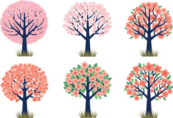 Obraz premium Blooming Spring Trees Collection with Pink and Coral Blossoms Vector Illustration Set