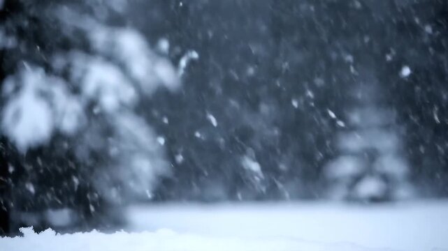 Gentle snowfall blankets a serene winter forest with snow falling softly on evergreen trees and the ground creating a peaceful and tranquil natural landscape scene.