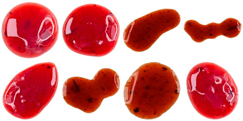 a vibrant collection of red berry sauce or fruit jam splashes and drops, isolated on a stark transparent background. © Akbar
