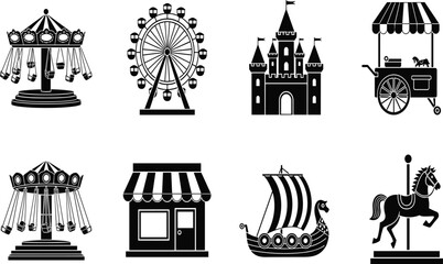Collection of amusement park silhouettes featuring a ferris wheel swing ride carnival game stall fairy tale castle viking ship and carousel horse icons © MstMaher