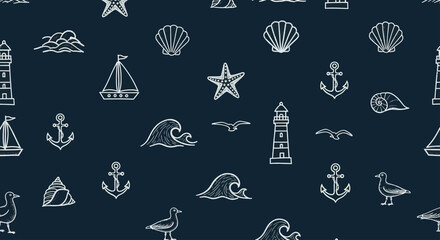 Nautical seamless pattern with hand-drawn maritime icons. © Tomo