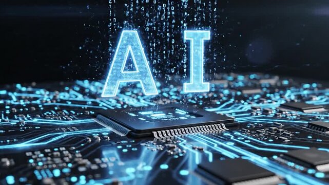 Futuristic AI chip processing data in circuit board