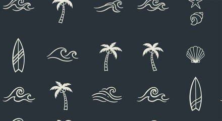 Seamless pattern of summer beach elements like palm trees and surfboards. © Tomo