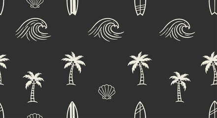 Seamless pattern with hand drawn surfboards, waves, palm trees, and seashells. © Tomo