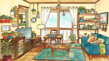 Fototapeta premium 植物と家具が調和したリビングルームを描いた水彩イラスト、ソファやテーブル、本棚が配置された温もりある室内、北欧風インテリア、丁寧な暮らし、在宅ワーク背景として使えるデザイン素材