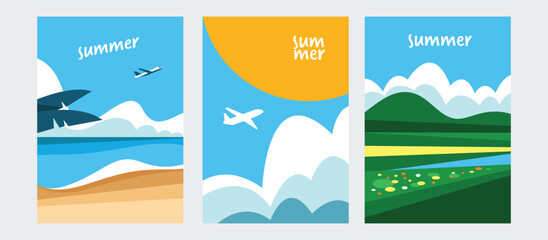 Summer and travel concept poster collection. Trendy bright and colorful tropical theme for banner, promotion, flyer design template. © titusurya