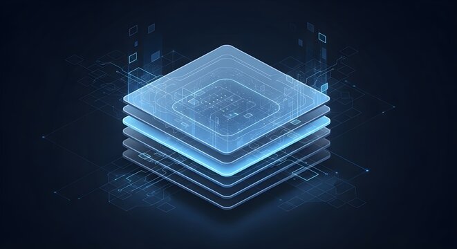 Isometric view of a stacked glass layer interface, holographic projection, UI UX design concept