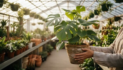 Naklejka premium A shopper holding a plant in a garden center, exploring lush greenery and vibrant nature for a horticulture lifestyle concept