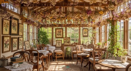 Fototapeta premium Sunlight streams into a room adorned with numerous hanging dried flowers and botanical artwork