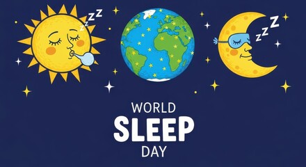 Naklejka premium World sleep day illustration with sleeping sun moon and earth cartoon characters