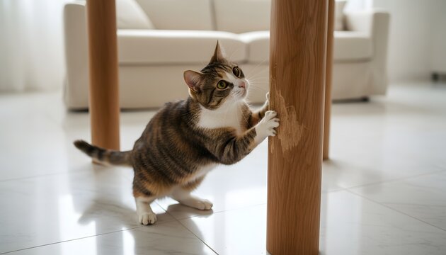 A mischievous domestic cat is actively scratching a wooden furniture leg inside a bright, modern home, depicting a common pet behavior concept.