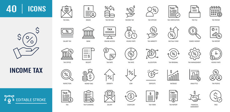 Income tax icon set. Includes tax amnesty, finance, economy, savings, investment, and more. Outline Icon Set. Vector illustration with Editable stroke
