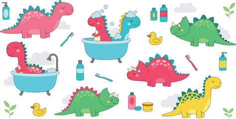 Cute baby dinosaurs bath time vector set with cartoon dino characters, bathtub, soap and hygiene elements © Rownok