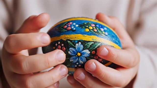 Happy easter. Close up childs hands holding painted egg, soft warm light, blue floral motif, gentle finger tracing, careful inspection by toddler, cozy indoor craft moment, spring tradition and gift