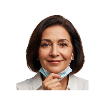 Woman smiling with medical mask pulled down