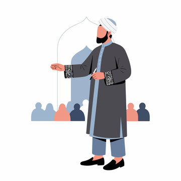 Muslim Imam or Scholar Giving a Lecture or Sermon to an Audience in a Mosque Setting, Representing Islamic Education and Religious Discourse.
