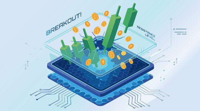 An isometric vector view of a 3D floating platform displaying a dynamic candlestick chart. A series of large green candlesticks breaks sharply upward through a translucent "resistance" glass ceiling