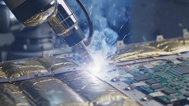 Futuristic laboratory soldering high-strength components with robotic precision on a gold-wrapped circuit panel