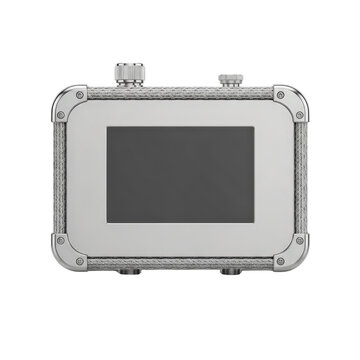 Silver device with screen and knobs on transparent background