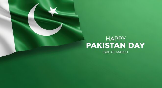 Happy pakistan day celebration with waving flag on green background