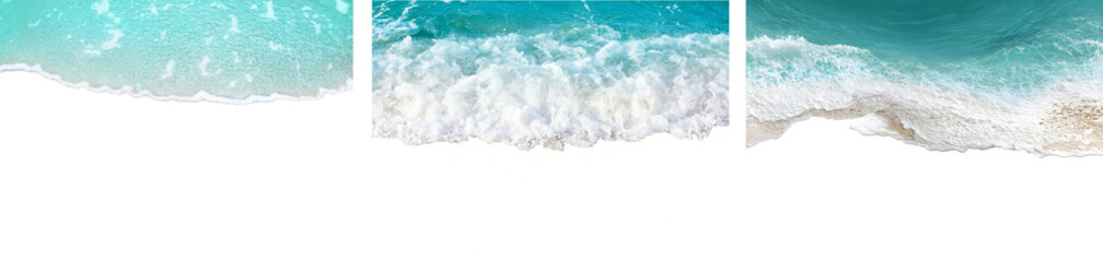 aerial view of tranquil turquoise ocean waves breaking gently on a pristine sandy beach, isolated for design backgrounds and travel themes. © Gogu