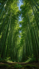 Fototapeta premium The dense bamboo forest and towering green bamboo poles form a natural tunnel, and the best viewing angle is from a low angle.