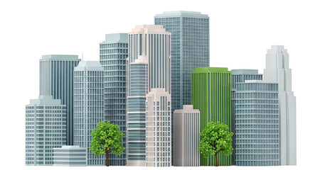 Skyscrapers and Green Trees Against White Background