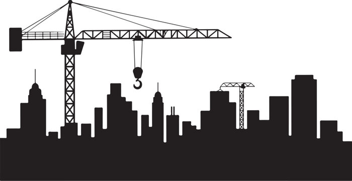 Black silhouette city skyline with construction cranes