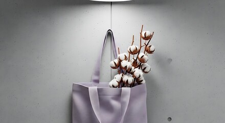 Elegant cotton tote bag with cotton flowers under a soft light, minimalist aesthetic.