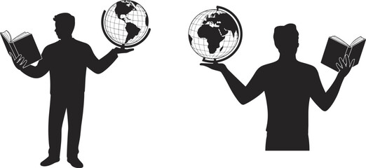 Man holding book and globe silhouette vector illustration, global education knowledge concept isolated black student learning world geography on white background © Creative Mind