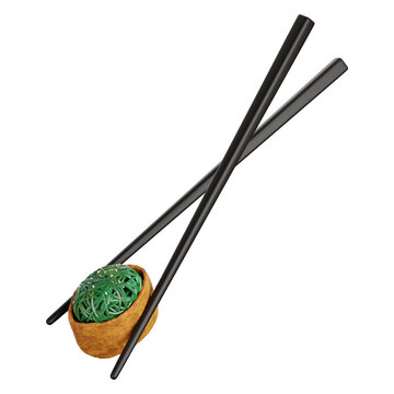 Chopsticks Holding Inari Sushi with Chuka Wakame