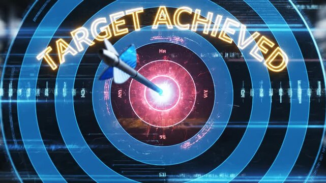 Futuristic Blue Target With Glowing Red Center and Dart Flying Towards Bullseye