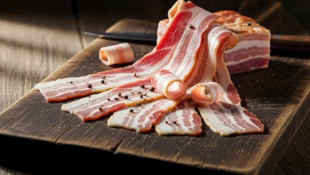 Close up of fresh raw bacon slices arranged on a wooden cutting board