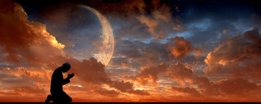 &ldquo;Muslim man prayer silhouette moon sky night worship faith crescent moon cloud sunset spiritual meditation alone&rdquo;