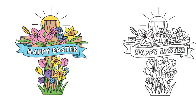 Happy Easter wooden cross with spring flowers and banner. Colored and black line art coloring page vector illustration.