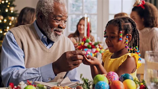 Black grandfather and granddaughter sharing decorated easter eggs around colorful holiday table, smiling family members in background, girl with beaded braids receiving painted egg, warm indoor