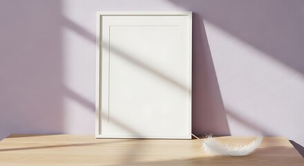 Minimalist white frame mockup leaning against a wall with sunlight shadows.