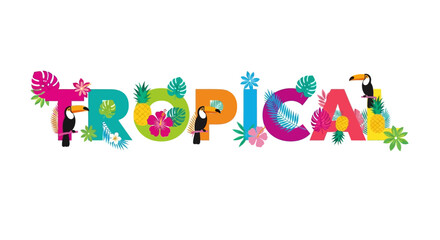 Obraz premium Vibrant Tropical Illustration Featuring Exotic Plants and Birds in a Colorful Display