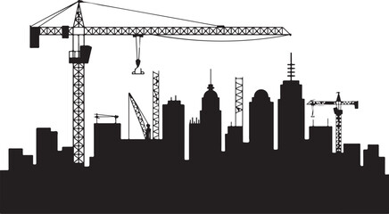 Black silhouette cityscape with construction cranes