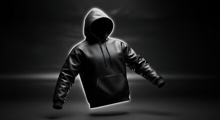 Mysterious Black Hoodie Floating in Dark Environment with Dramatic Lighting.
