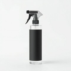 Obraz premium A clear plastic spray bottle with a black label and a black spray nozzle.