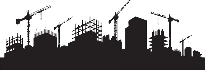 Obraz premium Black silhouette cityscape with construction cranes and buildings