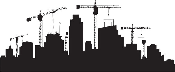 Obraz premium Black silhouette cityscape with construction cranes