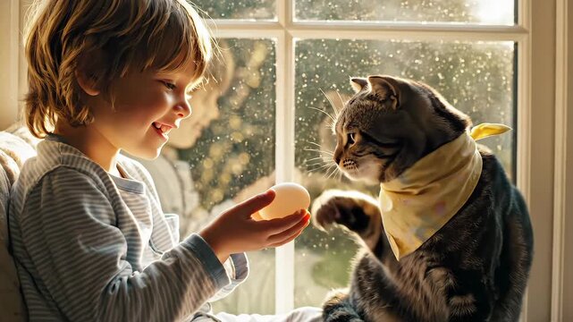White boy offering treat to tabby cat, sunlit windowsill, bandana wearing cat reaching paw, warm golden glow, smiling child, playful training and bonding, cozy indoor moment, happy easter
