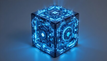 Obraz premium Complex digital quantum computing cube, internal glowing mechanisms and circuits, isometric view, mysterious and high tech