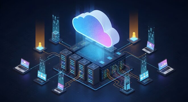 Isometric cloud computing concept, a stylized glowing digital cloud floating above server infrastructure