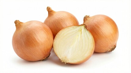 Fototapeta premium Freshly harvested yellow onions with one cut in half to reveal the layers