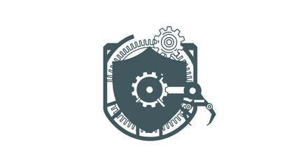 Obraz premium Industrial Security Shield with Gears and Robotic Arm.