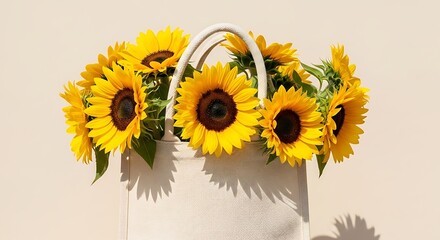 Vibrant Sunflowers Bursting from a White Tote Bag Against a Neutral Background.