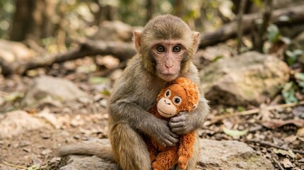 Naklejka premium Adorable monkey hugging teddy bear in forest